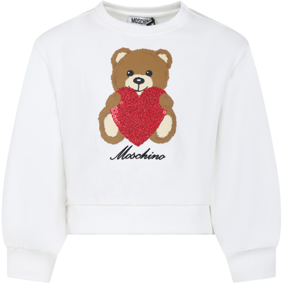 Moschino Kids' White Sweater For Girl With Teddy Bear And Heart