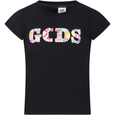Gcds Mini Kids' Black T-shirt For Girl With Logo