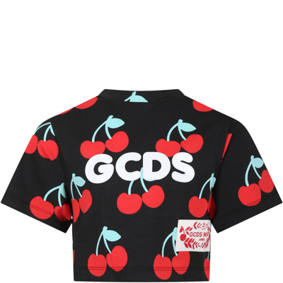 Gcds Mini Kids' Black T-shirt For Girl With All-over Cherry Print