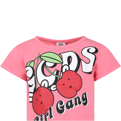 Gcds Mini Kids' Pink T-shirt For Girl With Patterned Logo