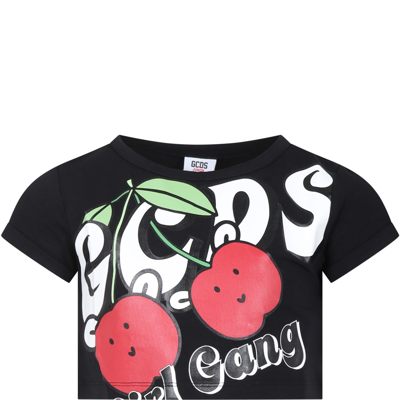 Gcds Mini Kids' Black T-shirt For Girl With Patterned Logo