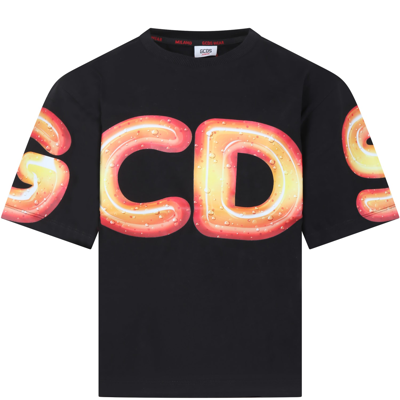 Gcds Mini Black T-shirt For Kids With Logo