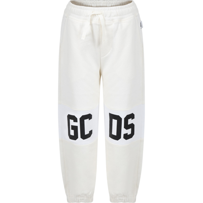 Gcds Mini White Trousers For Kids With Logo In Ivory