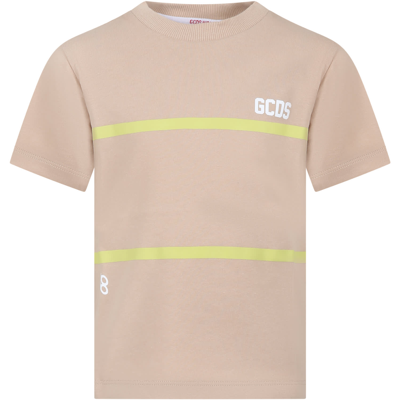 Gcds Mini Kids' Beige T-shirt For Boy With Yellow Stripes