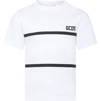 Gcds Mini Kids' White T-shirt For Girl With Black Logo