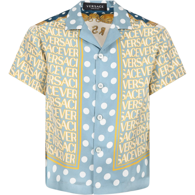 Versace Kids' Logo-print Silk Shirt In Light Blue