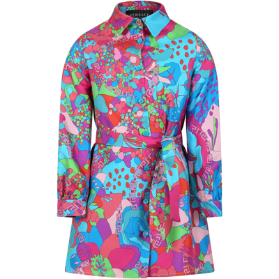 Versace Kids' Floral Print Silk Twill Shirt Dress In Light Blue