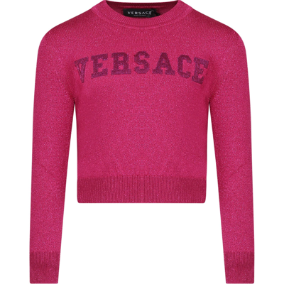 Versace Kids' Sweater With Logo In Fuchsia Lurex