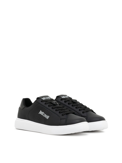 Just Cavalli Tiger Head-logo Leather Trainers In Black