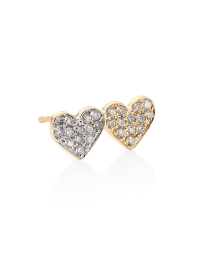 Sydney Evan Small Double Heart 14k Yellow Gold & Diamond Pavé Heart Single Earring Stud In Yellow White Gold