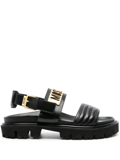 Moschino Logo-plaque Leather Sandals In Black