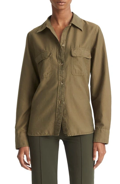 Vince Utility Cotton And Silk Long-sleeve Button-front Shirt In Washed Vine