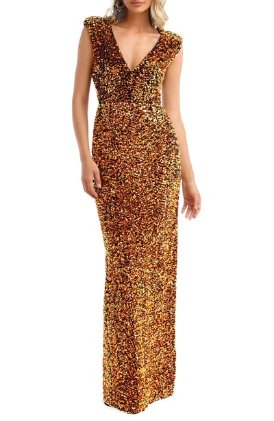 Helsi Alondra Cap-sleeve Sequin Column Gown In Amber