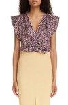 ISABEL MARANT LONEA ABSTRACT FLORAL RUCHED FLUTTER SLEEVE TOP