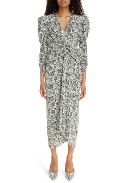 ISABEL MARANT ISABEL MARANT ALBINI ABSTRACT PRINT RUCHED STRETCH SILK MIDI DRESS