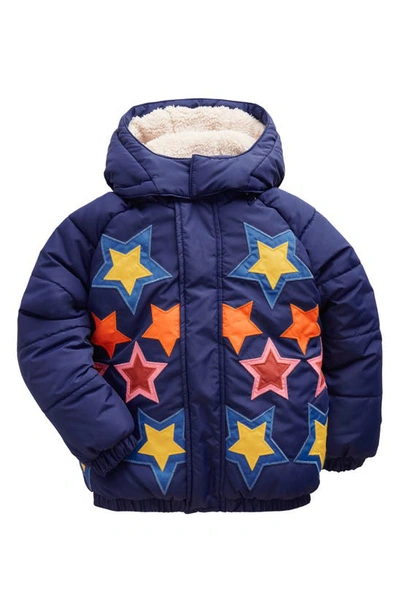 Mini Boden Kids' Star Appliqué Water Resistant Puffer Coat With Detachable Hood In College Navy