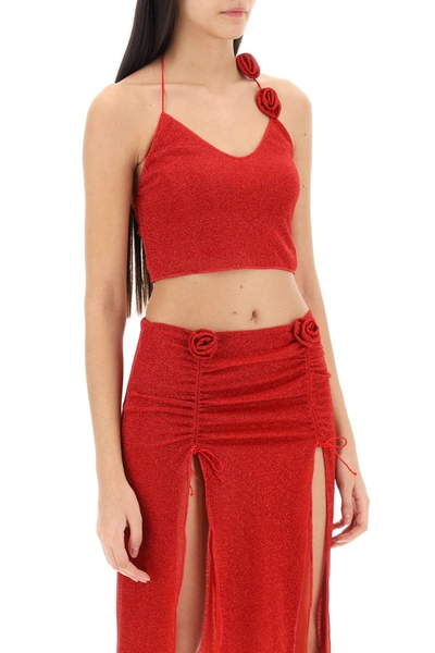 Oseree Lumière Cropped Metallic Stretch-knit Halterneck Top In Red