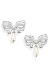 JUDITH LEIBER IMITATION PEARL DROP PAVÉ BOW EARRINGS