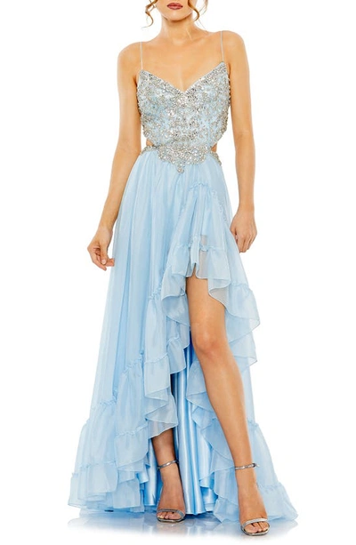 Mac Duggal Embellished Cut Out Open Back High Low Gown In Powder Blue