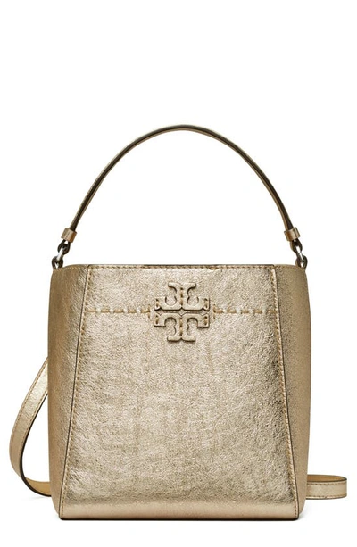 Tory Burch Mcgraw Metallic Small Leather Bucket Bag In Whitegold