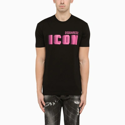 DSQUARED2 DSQUARED2 | BLACK CREW-NECK T-SHIRT WITH PINK ICON PRINT