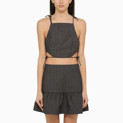 GANNI GREY PINSTRIPE TOP WITH LACES