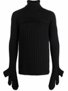 Fendi Wool Sweater With Asymmetrical Sleeves And Ribbed Knit In Black