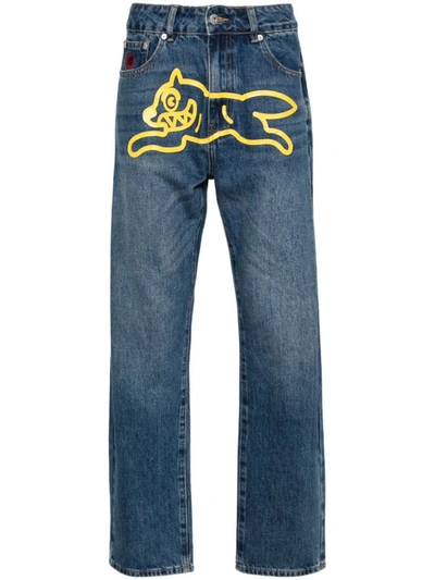 Icecream Mens Dark Blue Wash Running Dog Graphic-print Regular-fit Straight-leg Jeans
