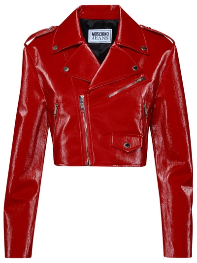 Moschino Jeans Crop Leather Jacket In Red