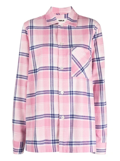 Tekla Checked Flannel Pyjama Shirt In Pink Plaid