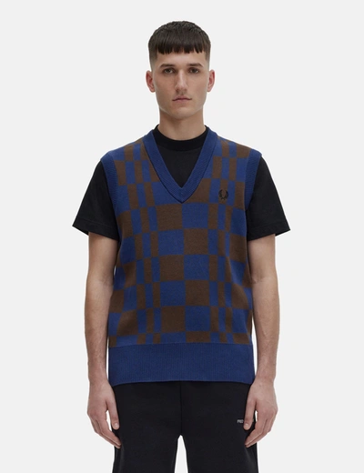 Fred Perry Checkerboard V-neck Knitted Vest In French Navy