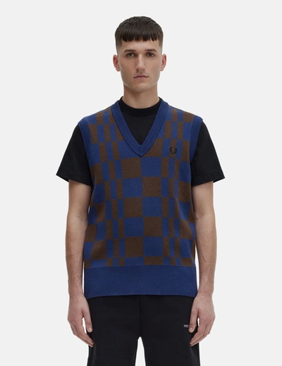 Fred Perry Checkerboard V-neck Knitted Vest In Blue