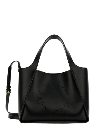 Stella Mccartney Black Tote Bag With Perforated Logo Lettering Detail At The Front In Faux Leather Woman
