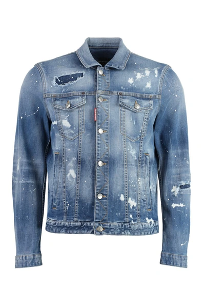 Dsquared2 Dan Jean Paint-splatter Denim Jacket In Blue