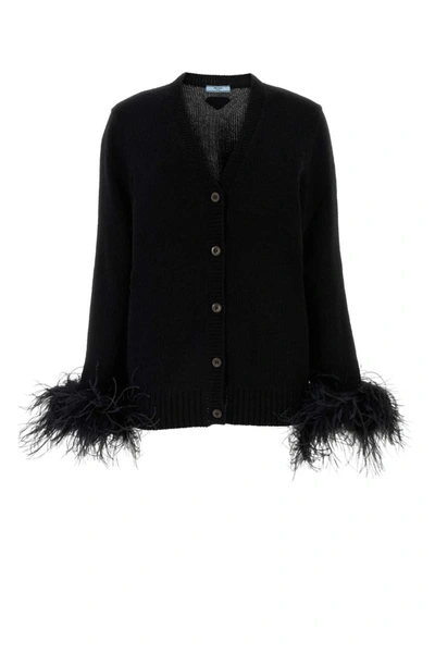 Prada Feather-trimmed Cashmere Cardigan In Black