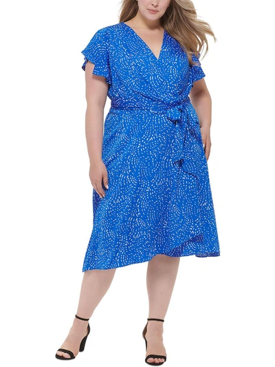 Dkny Plus Womens Printed Calf Midi Dress In Multi