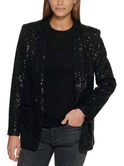 Dkny Petite Sequin-covered Open-front Blazer In Black