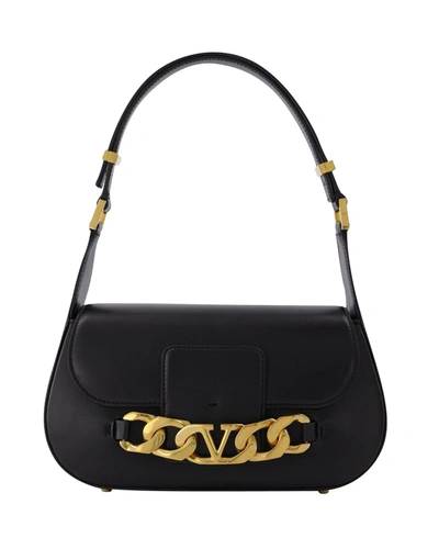 Valentino Garavani Small Shoulder Bag Vlogo Chain Vit. Dauphine/a. Brass Morsetto In Black