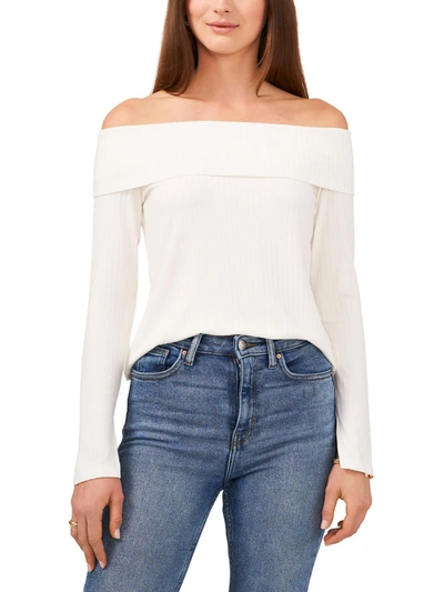 1.state Womens Ribbed Off Shoulder Pullover Top In White