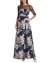 Kay Unger Pleated Floral Jacquard Illusion Gown In Blue