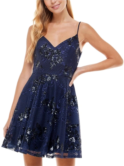 City Studio Juniors Womens Sequined Embroidered Fit & Flare Dress In Blue
