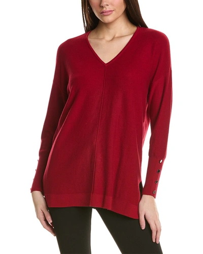 Anne Klein Button Cuff V-neck Sweater In Red