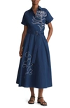 LAFAYETTE 148 FLORAL EMBROIDERED BELTED COTTON POPLIN SHIRTDRESS