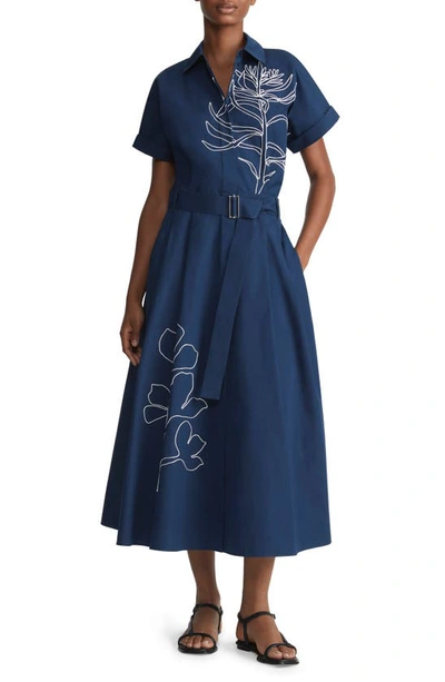 Lafayette 148 Floral-embroidered Cotton Midi Shirtdress In Midnight Blue