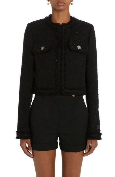 Versace Summertime Collarless Tweed Jacket In Black