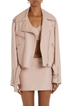 Versace Belted Plonge Leather Moto Jacket In Pink