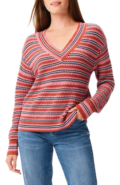 Nic + Zoe Island Sunset Stripe V-neck Sweater In Pink Multi