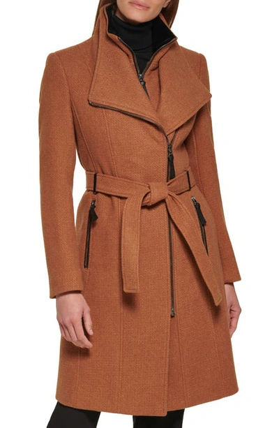 Calvin Klein Womens Wool Blend Belted Wrap Coat, Created For Macys In Dark Camel