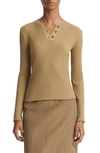 Vince Rib-knit Long-sleeve Henley Top In Artichoke