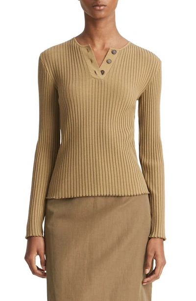 Vince Rib-knit Long-sleeve Henley Top In Green